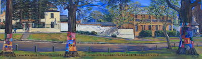 plein air oil painting of a panorama of Thompson's Square, Windsor,with a 'wool-bombimg' protest  painted by artist Jane Bennett
