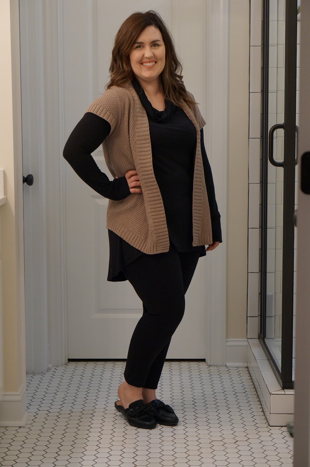 Rebecca Lately Thrifted Fashion Taupe and Black Outfit Mule Bow Flats