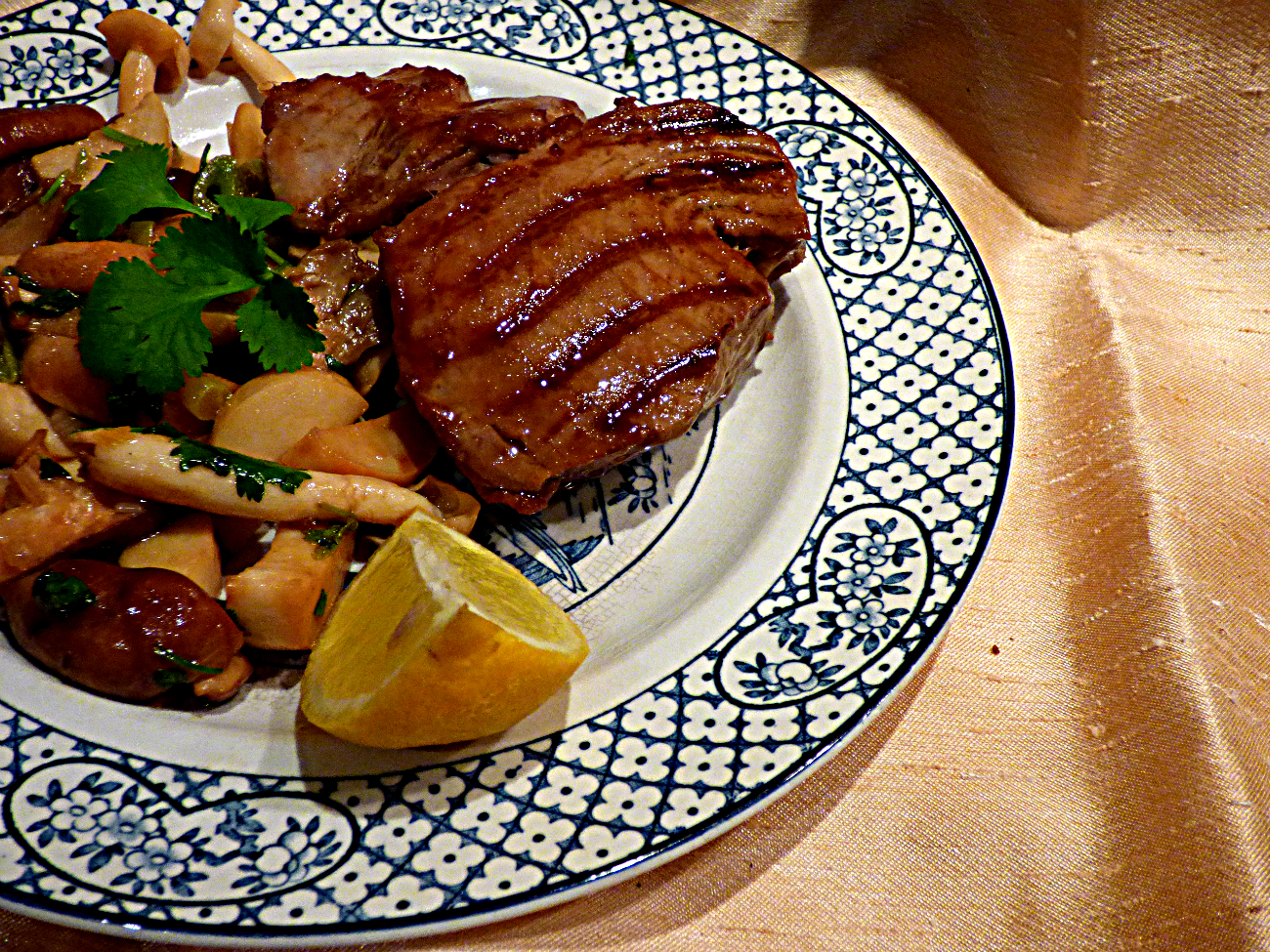 Chez Maximka Grilled tuna steak with exotic mushrooms