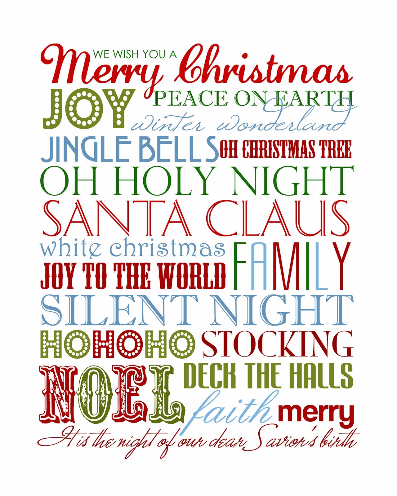 Colorful Christmas card with the message &lsquo;Merry and Bright Love Joy&rsquo;