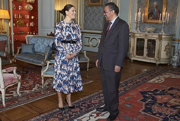 Crown Princess Victoria wore Sandro all-over print silk dress. Princess wore a printed silk dress by Sandro. Valentino small chain shoulder bag