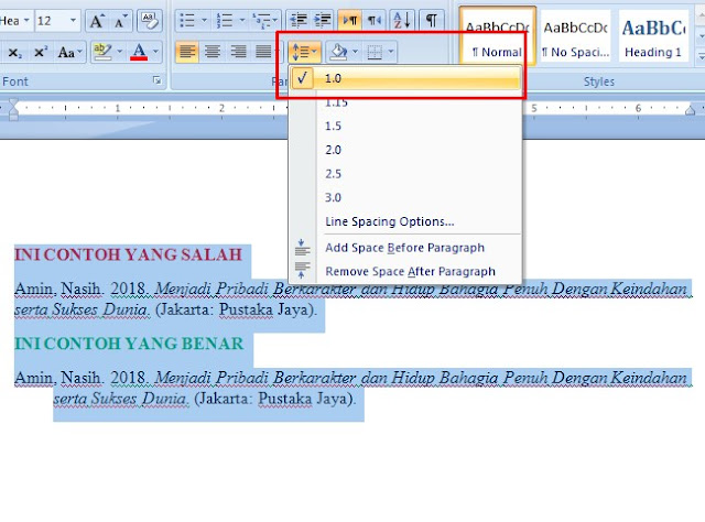 Ketentuan Spasi dalam Daftar Pustaka Gambar pengaturan daftar pustaka 1 spasi di ms word