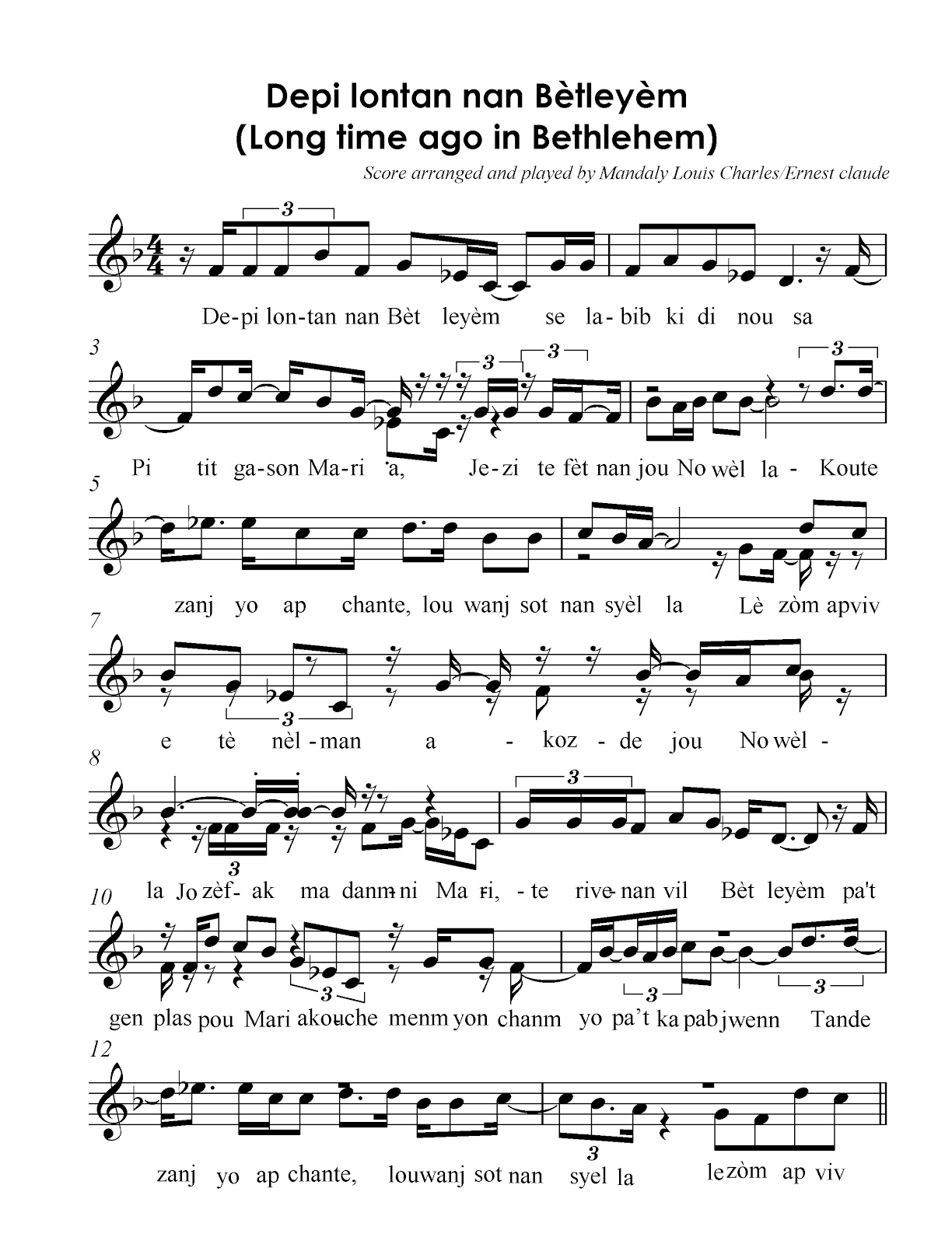 Haitian Creole: lyric and music of the song quot Depi lontan nan Bethleem