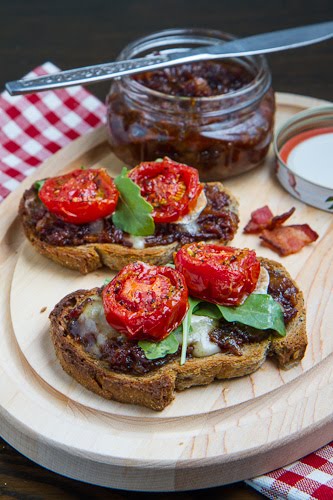Bacon Jam Crostini with Melted Brie and Roasted Tomatoes