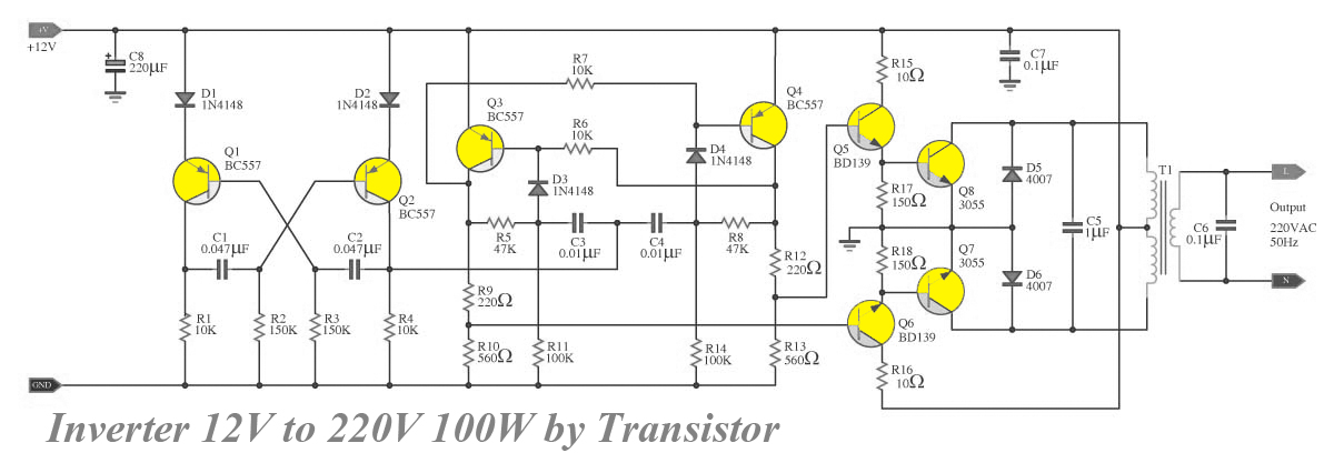 Transistor Inverter circuit 12V to 220V 100W ~ Diagram circuit