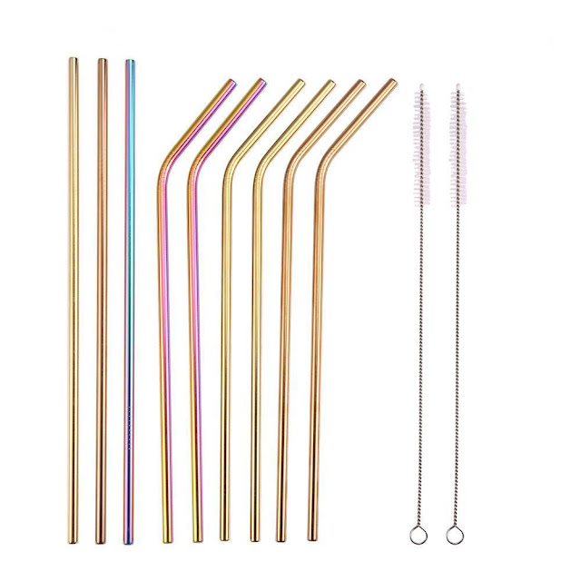 12 Piece: Elegant Polish Colorful Stainless Steel Drinking Straws with Cleaning Brush
