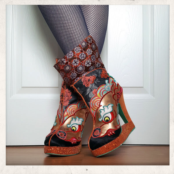 Irregular Choice Tatsu ankle boots longer length wearing Irregular Choice Tatsu dragon ankle boots in orange and blue