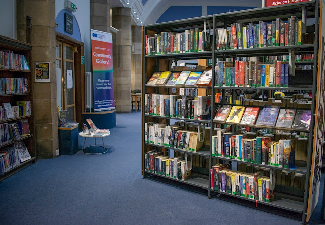 Shelves of books in library