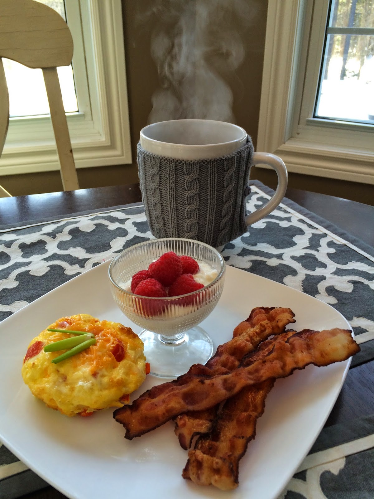 S Baked Egg Cups (page 221), Cottage Cheese with Berries, Bacon