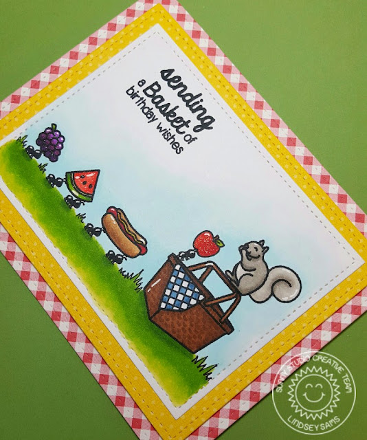 Sunny Studio: Summer Picnic Basket of Birthday Wishes Ant Card by Lindsey Bailey.