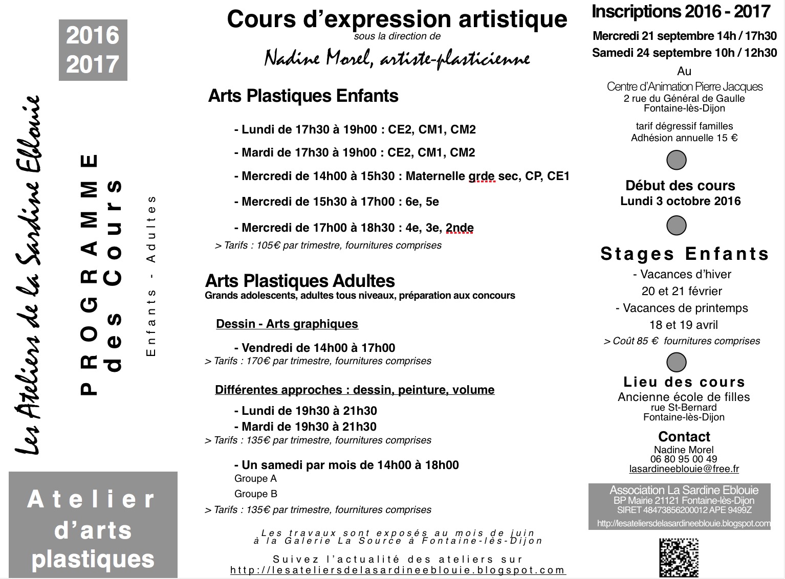 La Sardine EblouieAteliers d'arts plastiques: Programme des cours 2016-2017