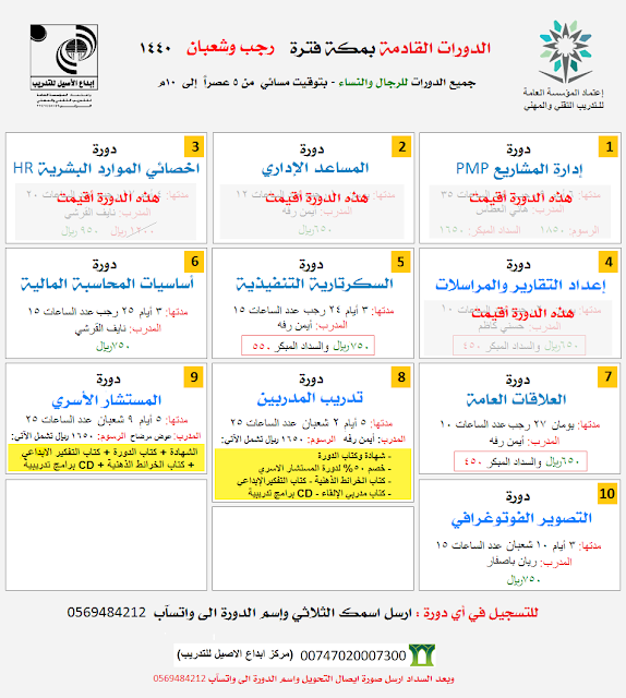 جدول الدورات التدريبية القادمة بمكة (تحديث مستمر)