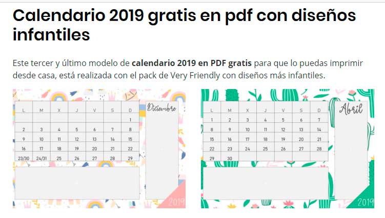 calendario 2019 en PDF con diseño infantiles
