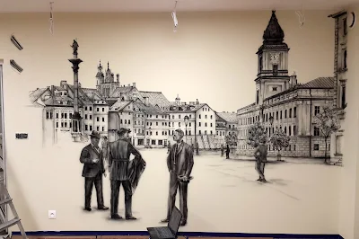 Mural, malowanie warszawskiej Starówki, Plac Zygmunta, obraz namalowany w salonie na ścianie, Aranżacja ściany poprzez malowanie, 