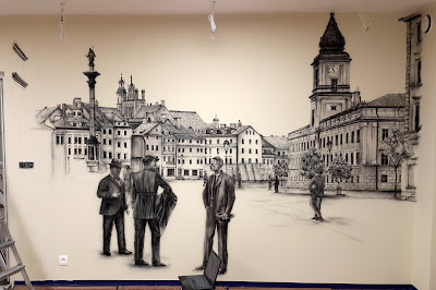 Malowanie murali Mural, malowanie warszawskiej Starówki, Plac Zygmunta, obraz namalowany w salonie na ścianie, Aranżacja ściany poprzez malowanie,