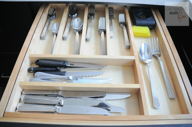 Organized flatware drawer with tiered divider :: OrganizingMadeFun.com