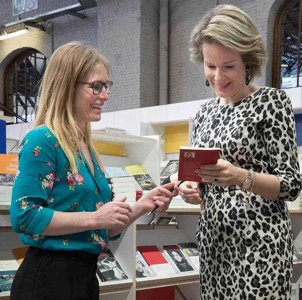 Queen Mathilde is wore her Natan leopard-print dress, Armani satin clutch 