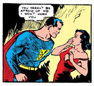 Action Comics (1938) #1 Page 10 Panel 2: Superman assures Lois that she need not fear him.