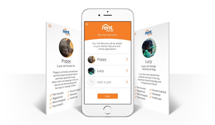 Rent.com.au Pet Resume front screen showing dog and cat profiles