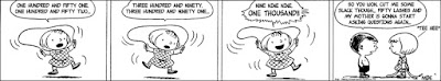 ...especially since I have to mind the continuity of characters. My first idea (I made into a full-fledged alternative version of the strip this once) insinuated Patty to be anti-semitic... but that is a role I want to keep for a different character (which is yet to appear, of course). I can't give just any line to any character! This isn't the modern Simpsons! Plus, that original punchline didn't make any sense with the jump rope, just with the counting in millions...