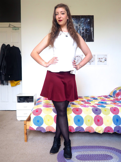 Captain Hook Disneybound outfit - white peplum top, red flared skirt, black tights & heeled ankle boots