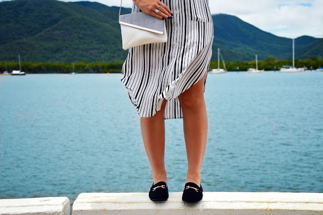 gucci loafer dupes styled with stripe shirt dress