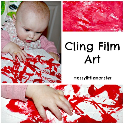 Easy painting ideas for kids. Cling film canvas wall art. No mess painting for babies, toddlers and preschoolers.