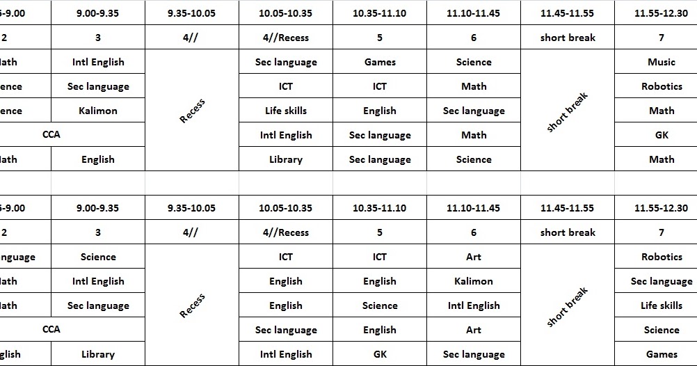 Birla World School Oman: Class Timetable for Grade 2