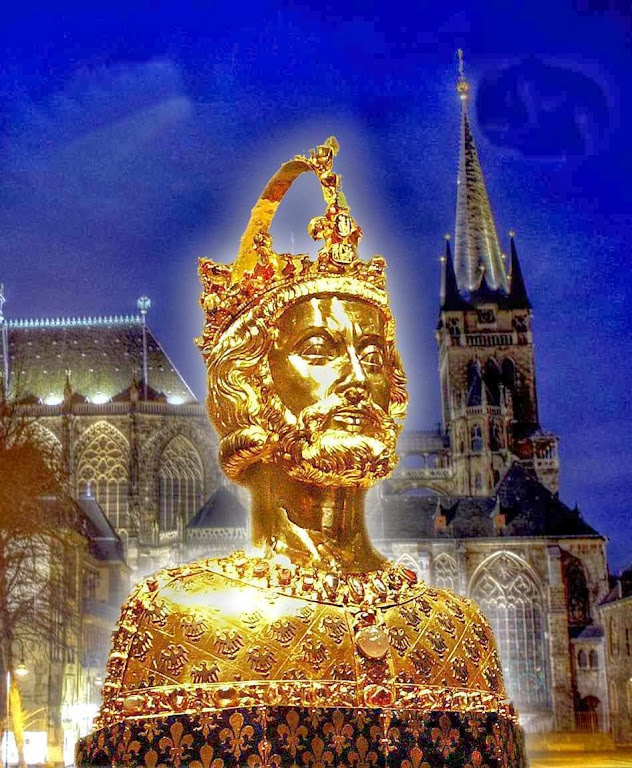 Le Roux: “O reino era visto como uma imagem do Corpo Místico da Igreja” Busto-relicário de Carlos Magno. Fundo: catedral de Aachen (Aquisgrão) Le Roux: “O reino era visto como uma imagem do Corpo Místico da Igreja” Busto-relicário de Carlos Magno. Fundo: catedral de Aachen (Aquisgrão)