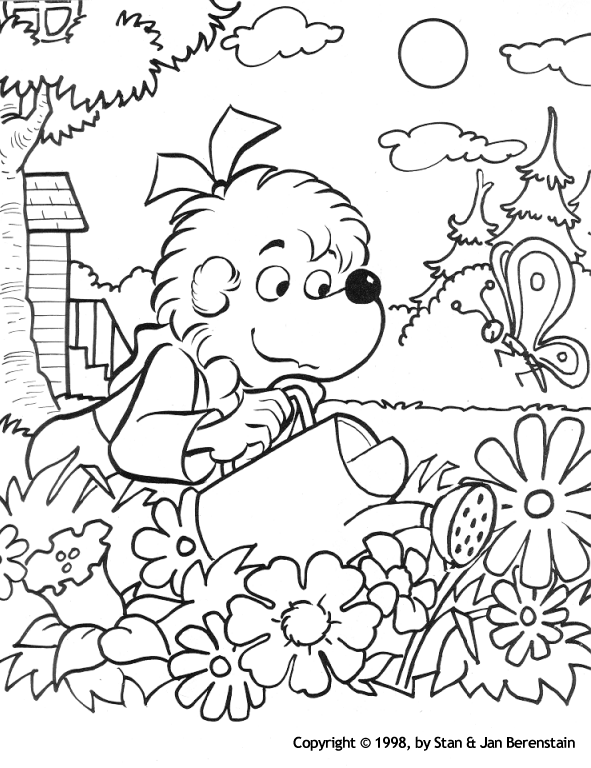 Coloring & Activity Pages: Sister Bear Watering the Garden Coloring Page