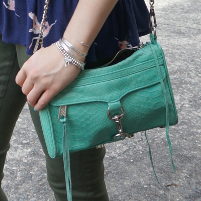 olive jeans with Rebecca Minkoff mini MAC in aquamarine with python embossed leather | away from the blue