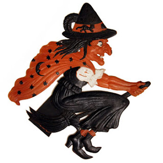 Halloween flying Witch embossed cardboard diecut, a vintage holiday collectible. Review of timeline for German-made spooky Halloween decoration 1940s.