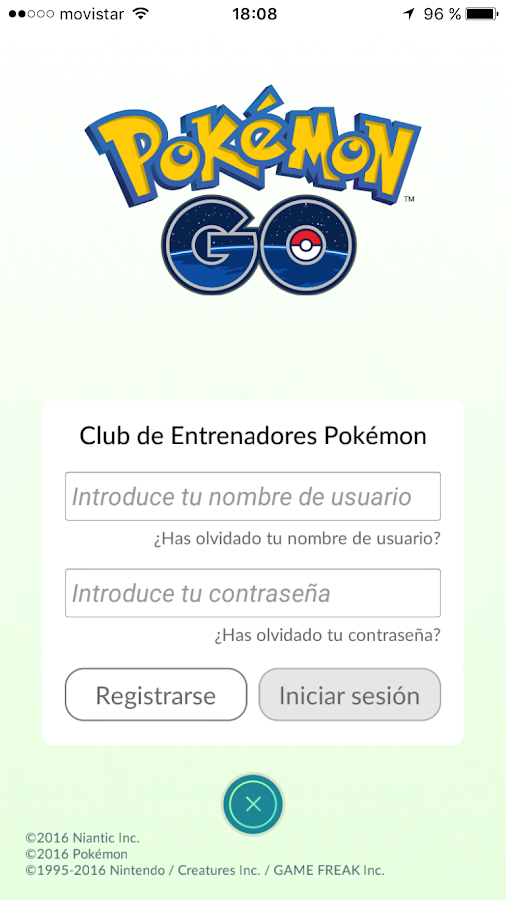 PokemonGO. Pantalla si no entras como usuario de Google