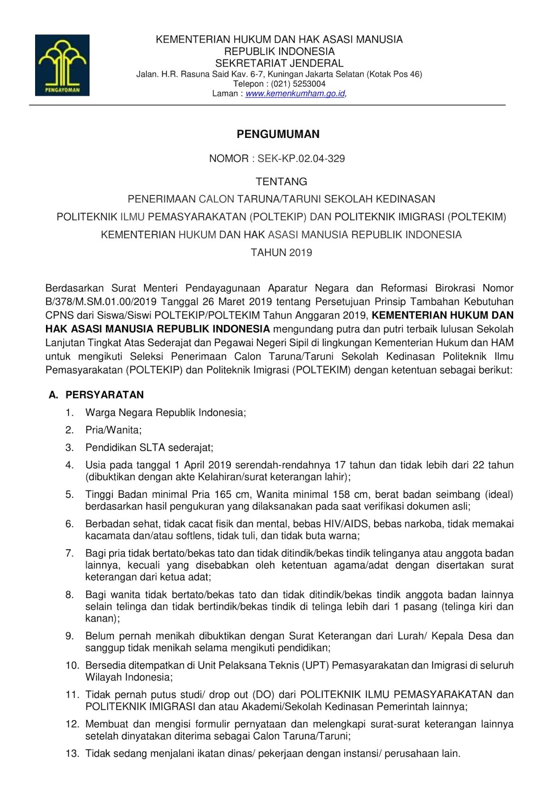 Penerimaan Catar Kedinasan Kementerian Hukum dan HAM Minimal SMA Sederajat Tahun 2019