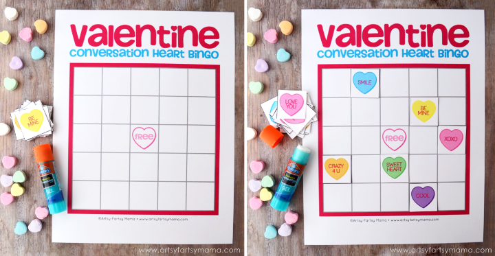 Free Printable Valentine Conversation Heart Bingo at artsyfartsymama.com