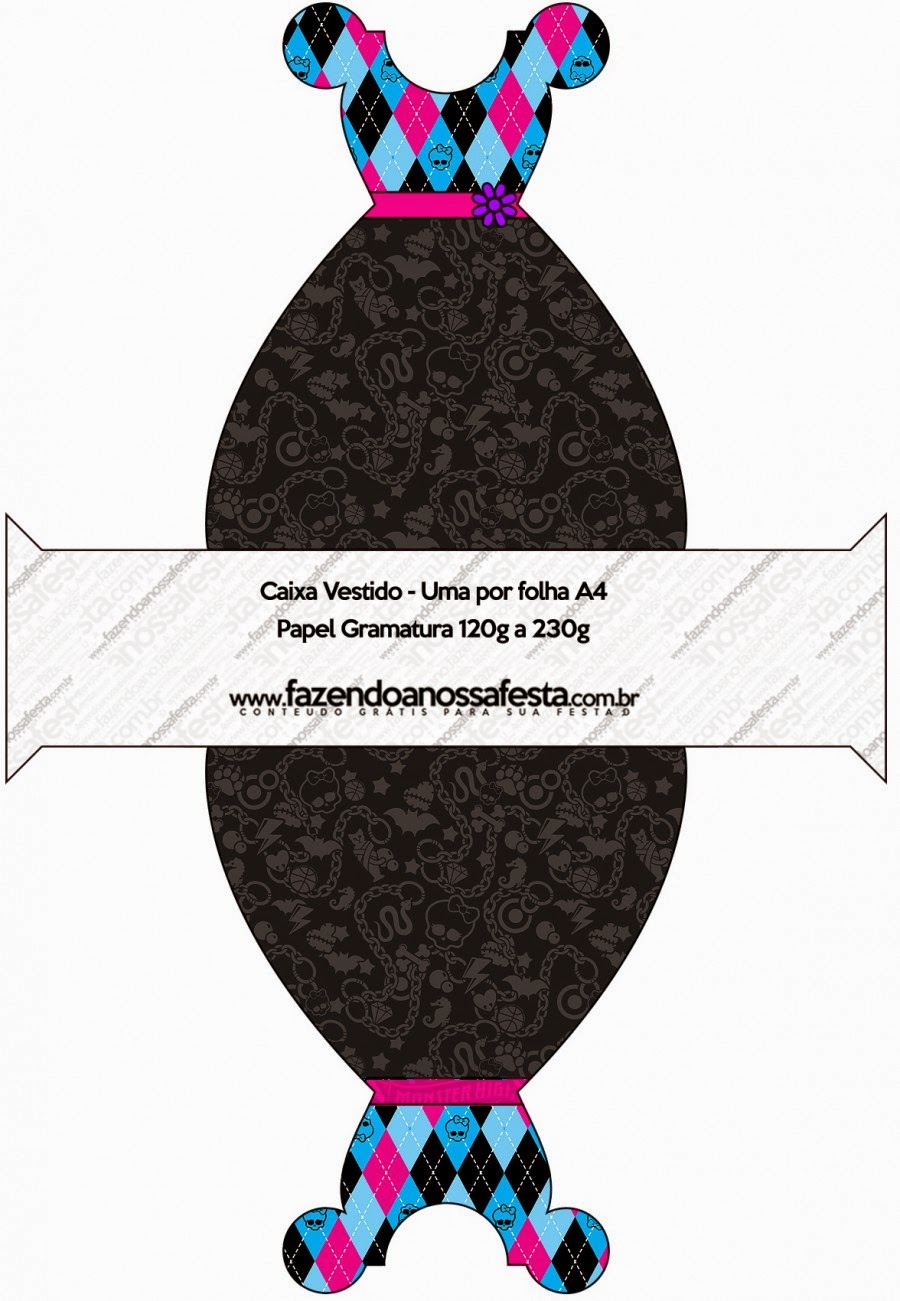 Monster High Negro: Cajas para Imprimir Gratis. Este es para cajas con forma de vestido.
