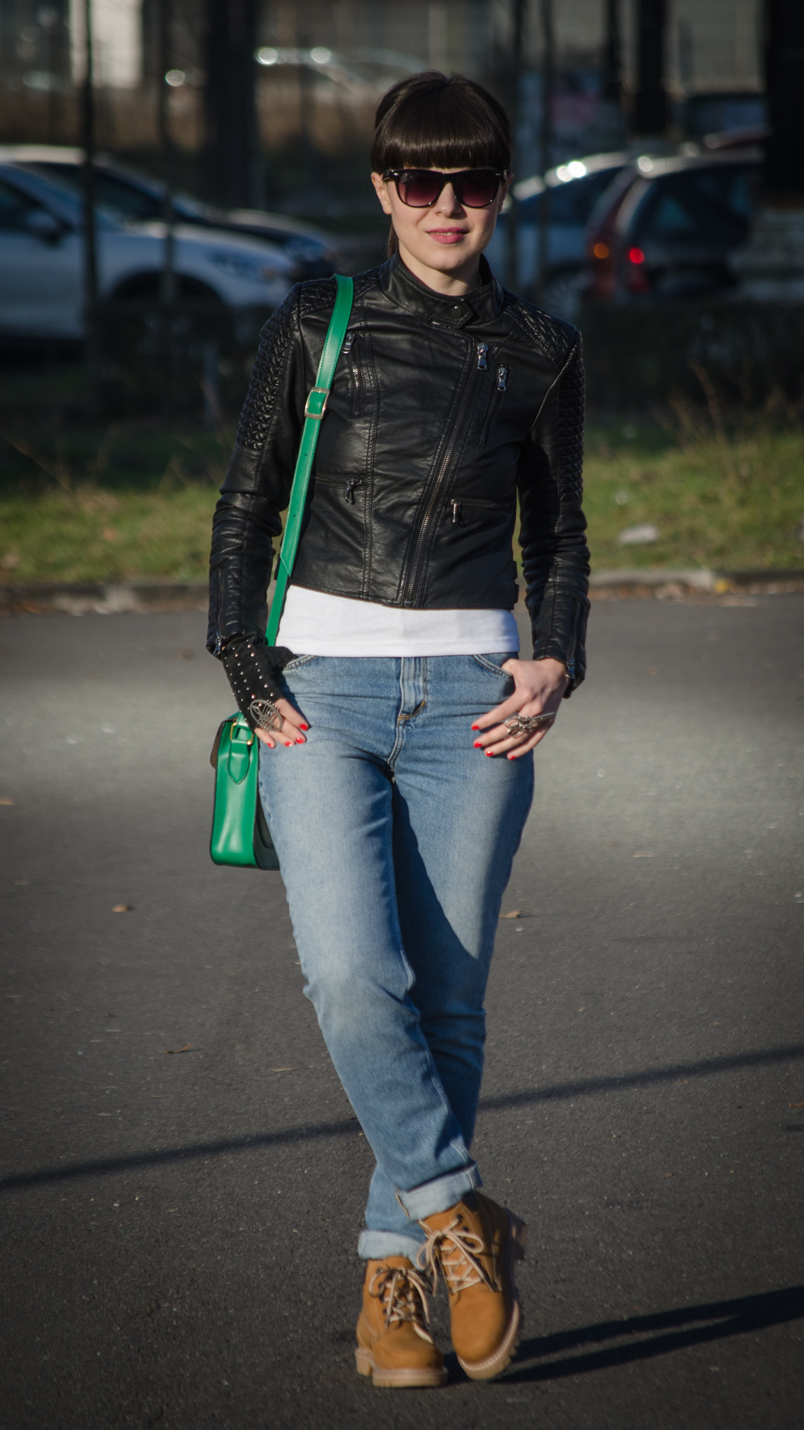leather jacket new yorker green satchel bag tonka jeans mom jeans h&m worker camel boots romanian producer green white sheinside top bangs rocking rocker coca-cola dog tag