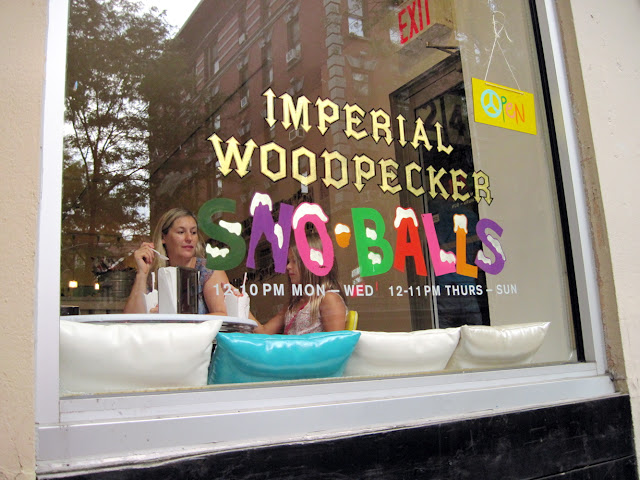 It's hard to miss this new in New York establishment as the bright sign of Imperial Woodpecker Sno-balls stand out from the street