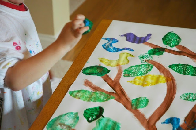 Bird or tree themed painting process art project for kids