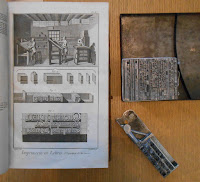 page from Diderot's Encyclopedia with a stick of type and a page of type laid out