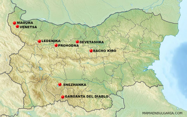 Mapa de las principales cuevas de Bulgaria