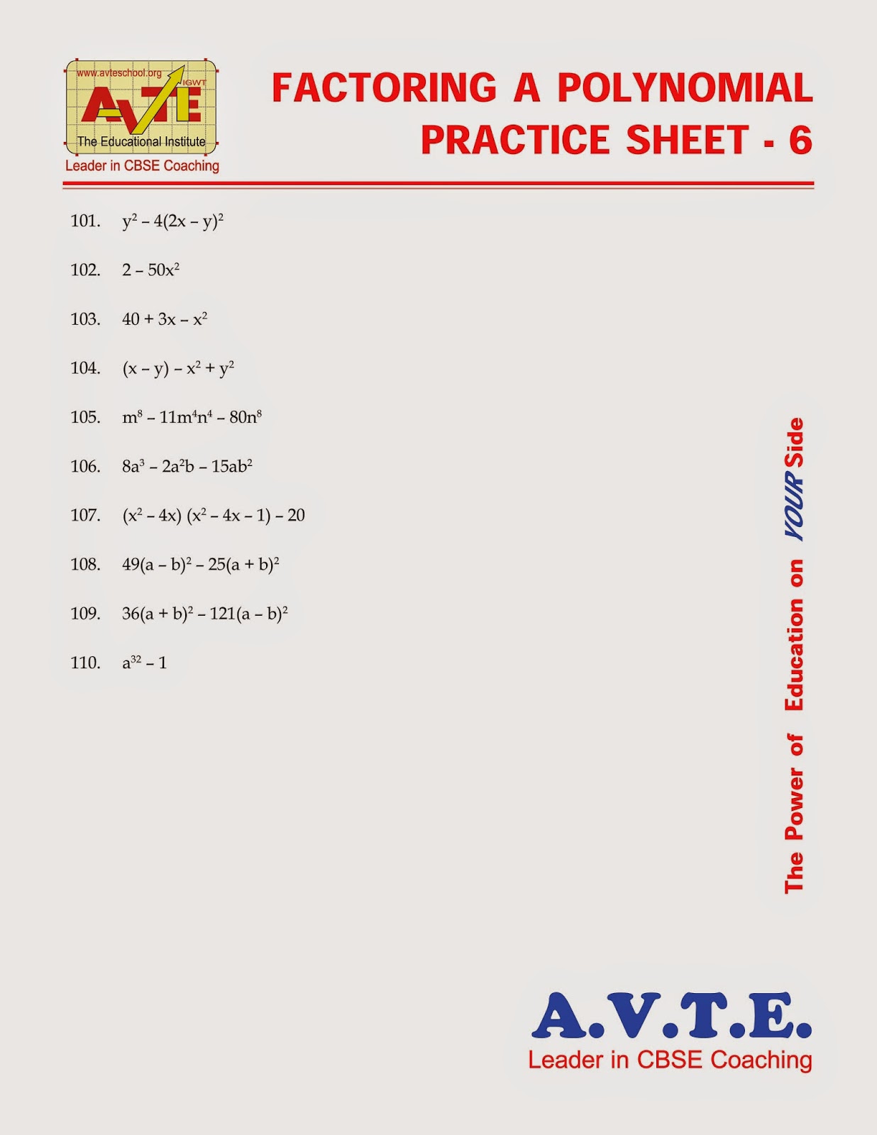 FACTORING a POLYNOMIAL PRACTICE SHEET 6