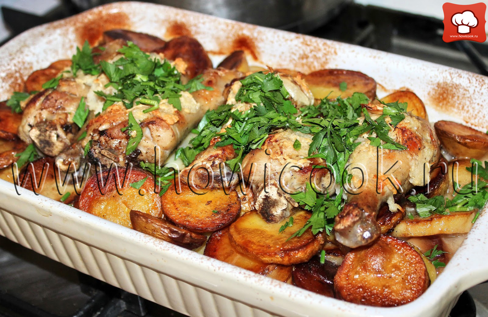 Курица, запеченная с картофелем и сыром, по-французски