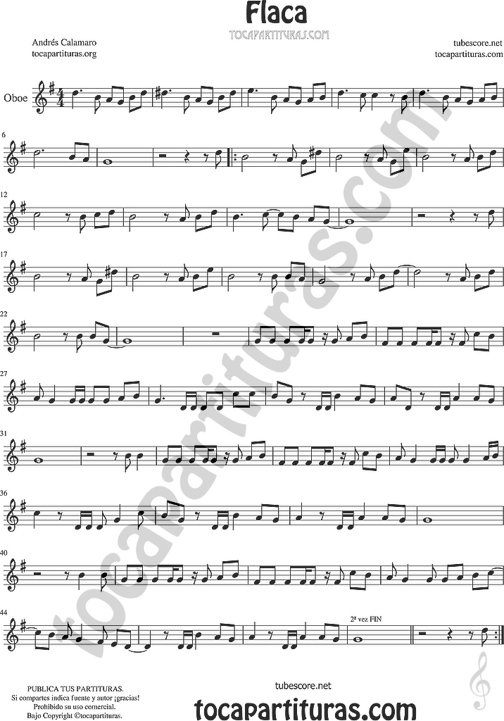 diegosax: Flaca de Andrés Calamaro Partitura y Tablaturas de Flauta,  Violín, Saxofón Alto, Guitarra, Ukelele, Trompeta, Viola, Oboe, Clarinete,  Saxo Tenor, Soprano Sax, Trombón, Banjo, Bajo Eléctrico, Fliscorno, chelo,  Fagot, Barítono, Bombardino,