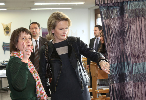 Princess Mathilde visits the ENSAV Arts Academy in Brussels. Crown Princess Mathilde in leather jacket