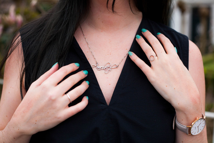 silver name necklace, turquoise mani