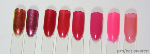swatches - 1- Sally Hansen Lustre Shine Lava, 2- WnW Chrome Precious Petals, 3- Sally Hansen Xtreme Wear Ruby Stilettos, 4- L'oreal The Queen's Might, 5- Zoya Kimber, 6- Sinful Colors Boom Boom, 7- Illamasqua Collide, 8- JLB 06