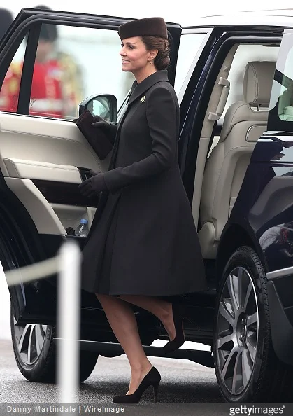 Catherine, Duchess of Cambridge arrives at the St Patrick's Day Parade at Mons Barracks in Aldershot, England. (