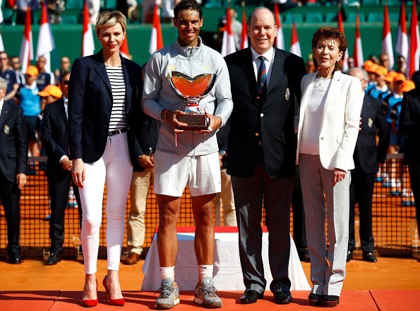Prince Albert II, Princess Charlene and Pierre Casiraghi at the Monte-Carlo Sporting Club for Spain's Rafael Nadal tennis match. JIMMY CHOO pumps