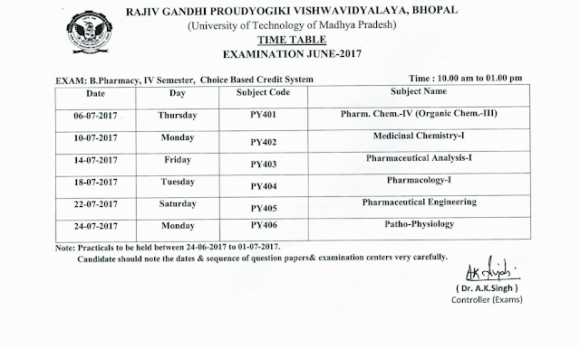 RGPV B.Pharmacy 4th Semester Choice Based Credit System Exam Time Table 2017 RGPV B.Pharmacy 4th Semester Choice Based Credit System Exam Time Table